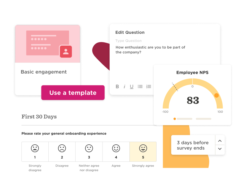 engagement survey interface with questions, emoji ratings, and NPS score display, onboarding feedback and employee satisfaction tracking