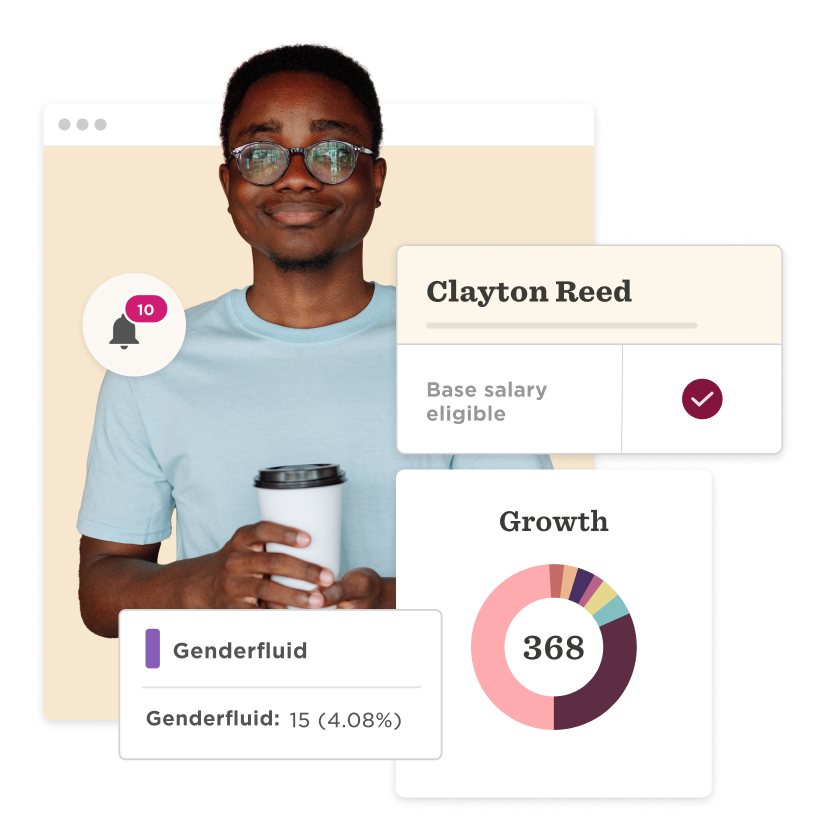 Clayton Reed with coffee, genderfluid badge, salary info, and growth data graphic in a modern digital layout, Diverse representation statistics illustration