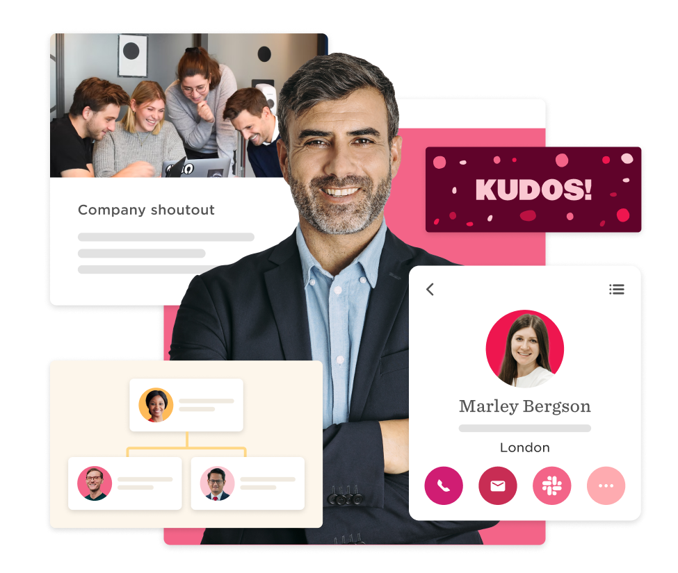 person smiling in a suit with company shoutout messages and employee profiles displayed in a vibrant layout, business recognition and teamwork visual elements showcasing professional engagement